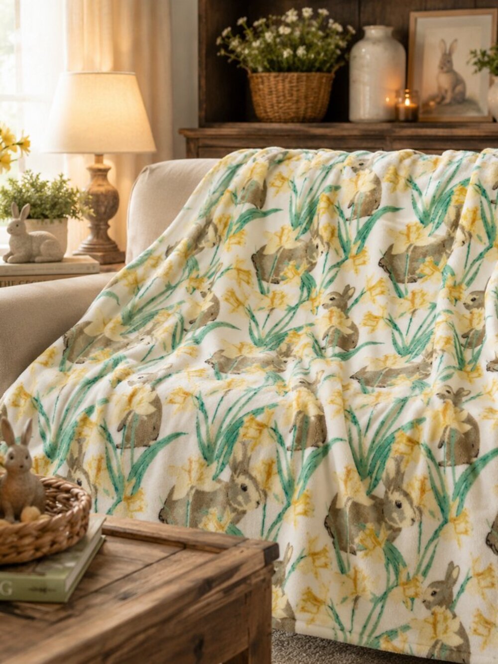 50x72 Bunny Daffodil Plush Fleece Throw Blanket Easter Spring Rabbit Soft